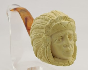 American Indian Warrior Chief Meerschaum Pipe,Block Meerschaum,Unique Meerschaum Pipes,With Case
