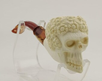Floral Skull Meerschaum Pipe,Block Meerschaum,Unique Meerschaum Pipes,With Case