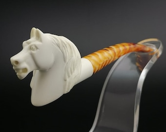 Horse Meerschaum Cigarette Holder,Block Meerschaum,Unique Meerschaum Pipes,With Case