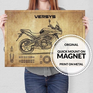 Puede incluir: Una ilustración de estilo vintage de una motocicleta Kawasaki Versys. La imagen incluye detalles como el motor, las ruedas y la cadena. El texto "ORIGINAL QUICK MOUNT ON MAGNET PRINT ON METAL" se muestra en un círculo blanco.
