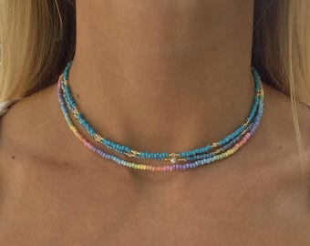 Mix & Match: Boho Surfer Strand Perlenchoker aus Rocailles Perlen, Metallfarbe Gold
