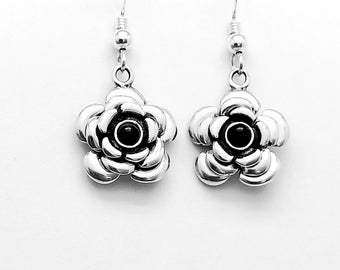 925 Sterling Silver, Shiny oxidized silver, Rose flower 3 layers earrings, Floral design, Friendship & romantic gift, Semi precious Garnet