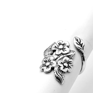 925 Sterling Silver, Bouquet fleurs et bague feuille, Bague florale oxydée, Bague pour femme, Bague déclaration, Bague amitié, Cadeau romantique
