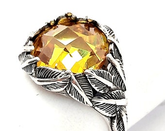 925 Sterling Silver, Natural design, Leaves ring, Citrine CZ stone, Antique look, Unisex ring, Friendship gift.