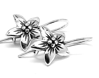 925 Sterling Silver , Lilly oxidized flower, Hoop earrings, women's earrings, Friendship earrings, Art Nouveau design, Romantic Gift.