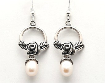 925 Sterling Silver earrings, Flowers & leaves dangle earrings, Friendship earrings, Fresh water drop shape pearls, Romantic Gift,