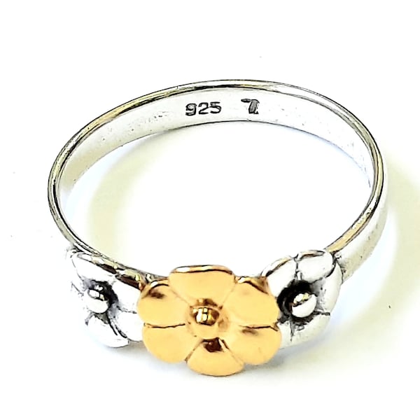 925 Sterling Silver Vermeil ring, 18K gold plating flower, Two tones, Silver Floral rings, Ring for women, Friendship Ring, Romantic Gift.