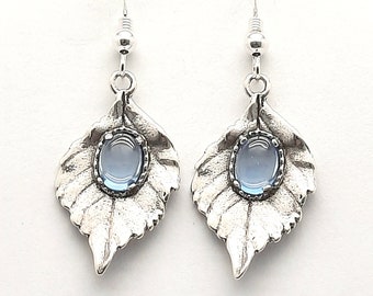 925 Sterling Silver earrings, Lever back dangle earrings, Leaves earrings, Nature earrings, Romantic Gift,  Oval spinel Aqua.