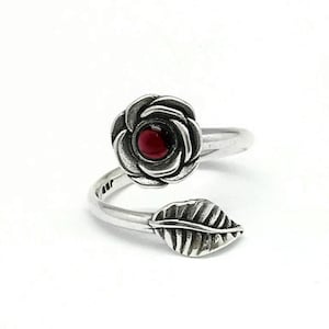 925 Sterling Zilveren Roos &blad verstelbare ring, Art Nouveau Statement Granaat stenen ring, Ring voor vrouwen, Vriendschap Ring, Cadeau voor Haar