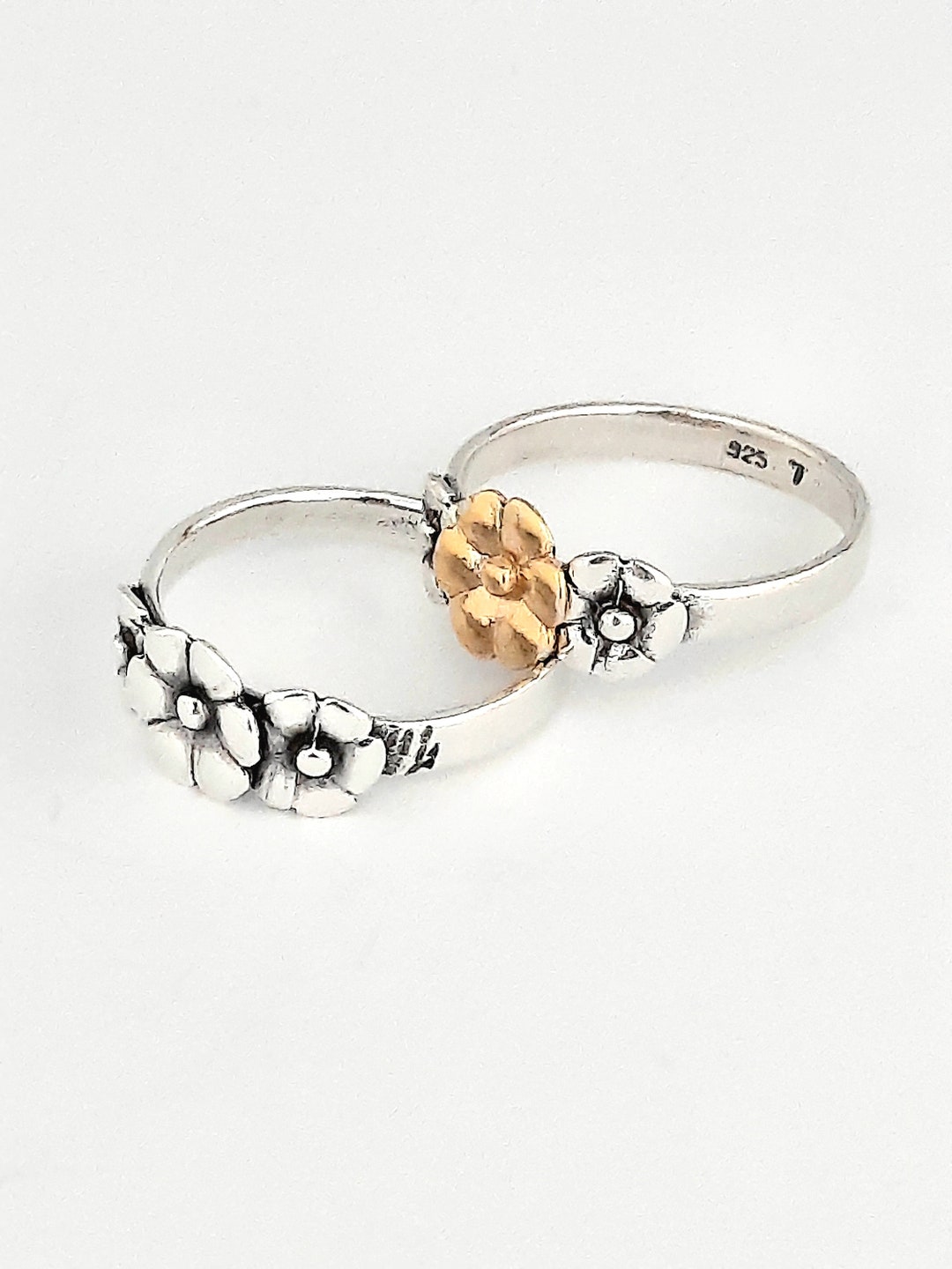 Two Rings Set Silver 925 Sterling Silver Ring, 18K Gold Plating Flower, Vermeil Ring, Two ...