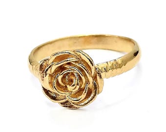 Anello in vermeil 18 carati con rosa, anello in argento sterling 925 con motivo floreale in stile Art Nouveau, anello vintage con fiore in oro, regalo romantico per lei, misure personalizzate disponibili