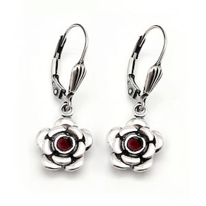 925 Sterling Silber Rosenblüten Ohrringe, Jugendstil Blumenohrringe mit Granatstein, Freundschaftsohrringe oxidiert, Romantisches Geschenk