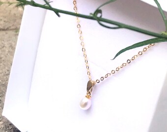 Natural Pearl Drop Necklace | Gold filled Tiny Pearl Necklace for Her |  | Mother Gift for Birthday | Jewelry Gift for Sister | QPG