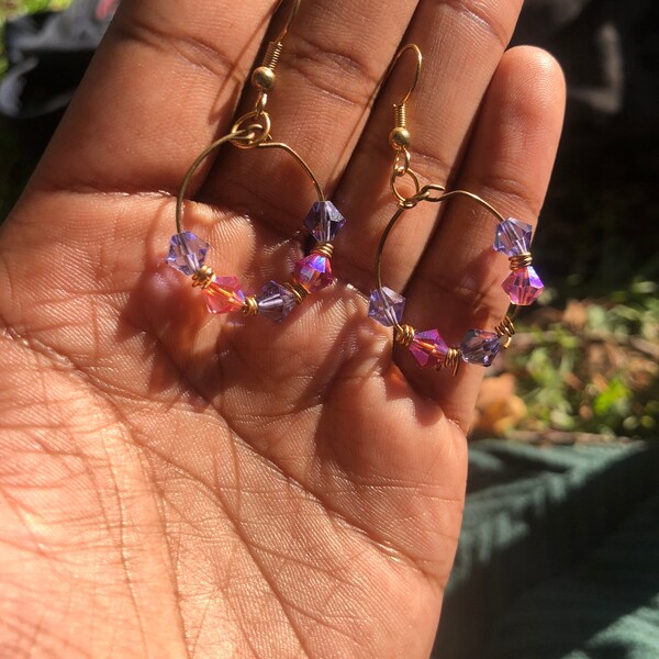 Pink and Purple Gold Wire Hoop Earrings “Princessa”