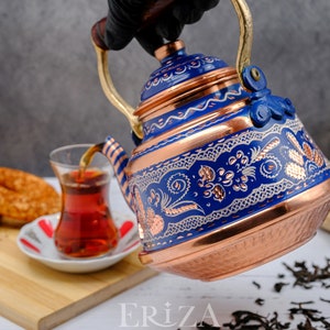 Blue Hammered Copper Teapot: Antique Turkish Kettle (1.6L / 3.2L)