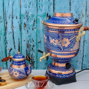 Grande samovar elettrico in rame blu da 5 litri con teiera da 1 litro, rivestito in stagno