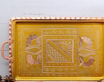 Handmade Copper Serving Tray Gold: Engraved Rectangular with Handles (15 in / 39 cm)
