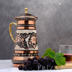 Black Engraved Copper Pitcher with Lid, 1.7L for Cold Drinks