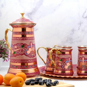 Lilac Copper Pitcher & 6 Mugs with Tray, Tin-Lined 1.7L