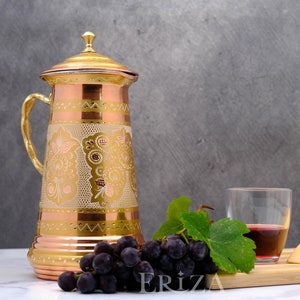 Gold Engraved Copper Pitcher with Lid, 1.7L for Cold Drinks