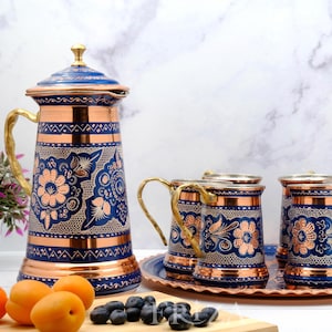 Blue Copper Pitcher & 6 Mugs with Tray, Tin-Lined 1.7L