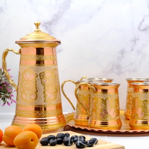 Gold Copper Pitcher & 6 Mugs with Tray, Tin-Lined 1.7L