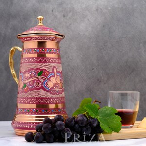 Lilac Engraved Copper Pitcher with Lid, 1.7L for Cold Drinks