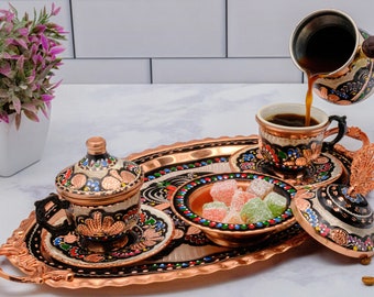 Handmade Copper Turkish Coffee Cup Set Floral: Porcelain Cups, Tray & Cezve (2/6 Person)