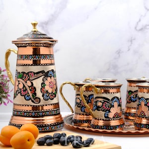 Floral Copper Pitcher & 6 Mugs with Tray, Tin-Lined 1.7L