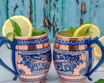 Blue Engraved Copper Moscow Mule Mug, Tin-Lined 550 ml