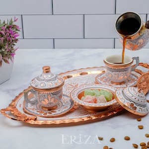 Copper Turkish Coffee Cup Set White: Porcelain Cups, Tray & Cezve (2/6 Person)