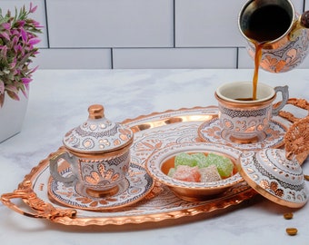 Copper Turkish Coffee Cup Set White: Porcelain Cups, Tray & Cezve (2/6 Person)