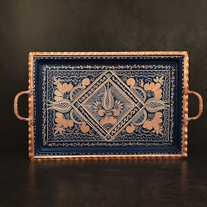 Solid Copper Serving Tray With Handles Blue