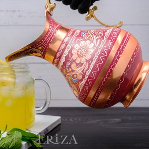 Lilac Turkish Copper Pitcher, Engraved Tin-Lined Jug 2L for Cold Drinks