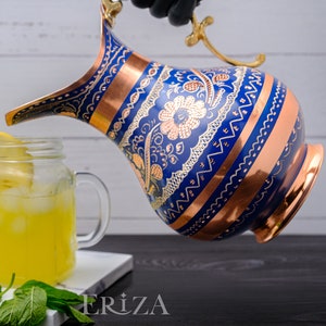 Blue Turkish Copper Pitcher, Engraved Tin-Lined Jug 2L for Cold Drinks