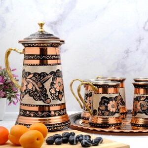 Black Copper Pitcher & 6 Mugs with Tray, Tin-Lined 1.7L