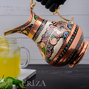 Floral Turkish Copper Pitcher, Engraved Tin-Lined Jug 2L for Cold Drinks