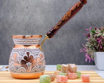 Cafetera turca de cobre blanco: Cezve vintage grabada a mano (3/5/7 tazas)