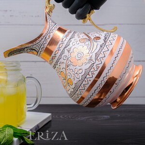 White Turkish Copper Pitcher, Engraved Tin-Lined Jug 2L for Cold Drinks
