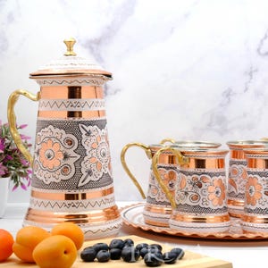 White Copper Pitcher & 6 Mugs with Tray, Tin-Lined 1.7L