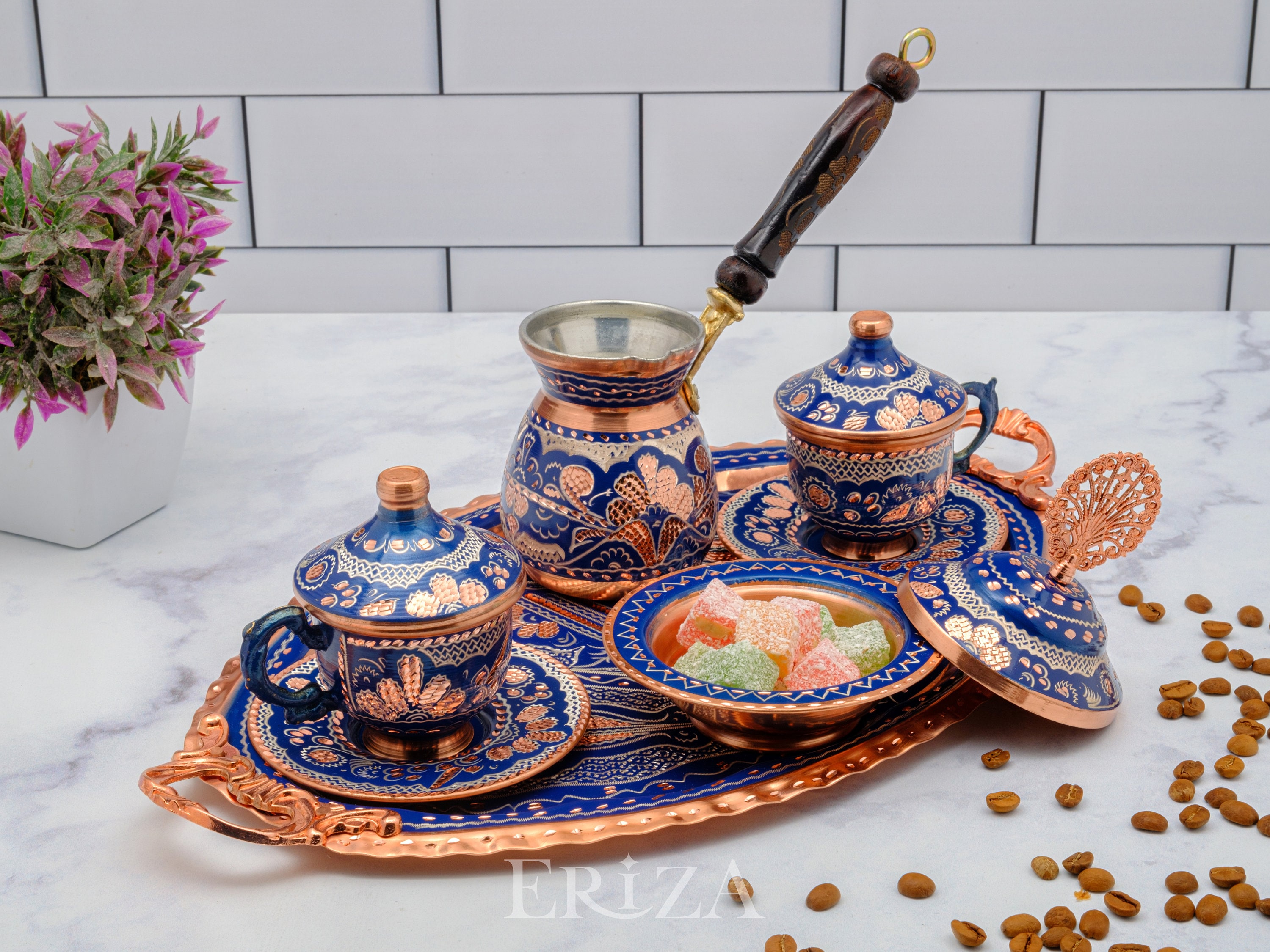 Turkish Copper Coffee Serving Set With Coffee Pot 2 or 6