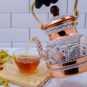 Lilac Engraved Copper Tea Kettle | Handmade 1.3L Teapot | Pastel Turkish Copper Decor image 12