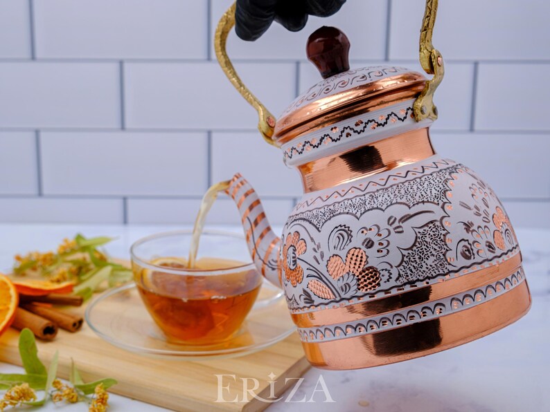Lilac Engraved Copper Tea Kettle | Handmade 1.3L Teapot | Pastel Turkish Copper Decor image 12