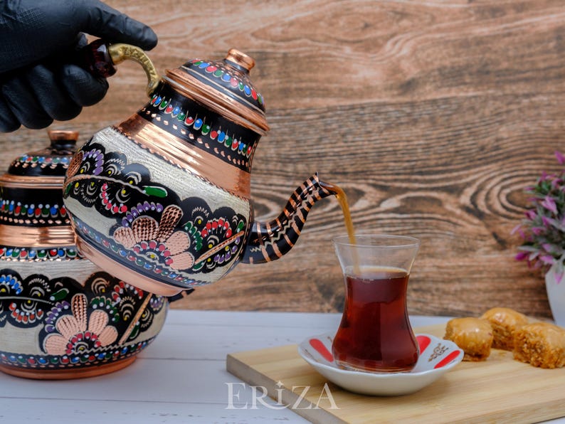 Tetera doble de cobre negro: Tetera turca grabada hecha a mano (2850 ml) imagen 10