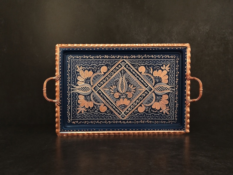 Solid Copper Serving Tray With Handles Blue