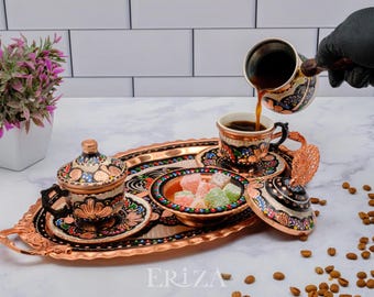 Copper Turkish Coffee Cup Set Blue: Porcelain Cups, Tray & Cezve