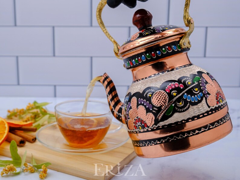 Lilac Engraved Copper Tea Kettle | Handmade 1.3L Teapot | Pastel Turkish Copper Decor image 10