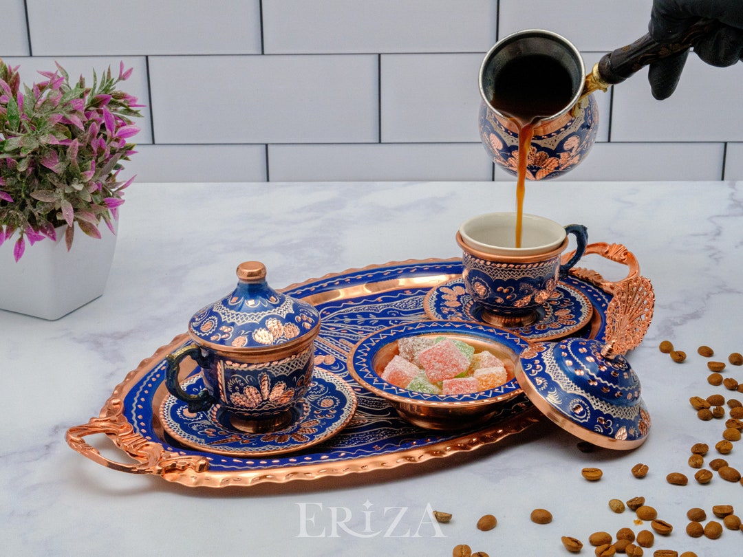 Copper Turkish Coffee Cup Set Blue: Porcelain Cups, Tray & Cezve
