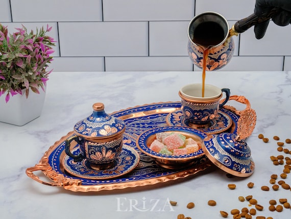 Copper Turkish Coffee Cup Set Blue: Porcelain Cups, Tray & Cezve