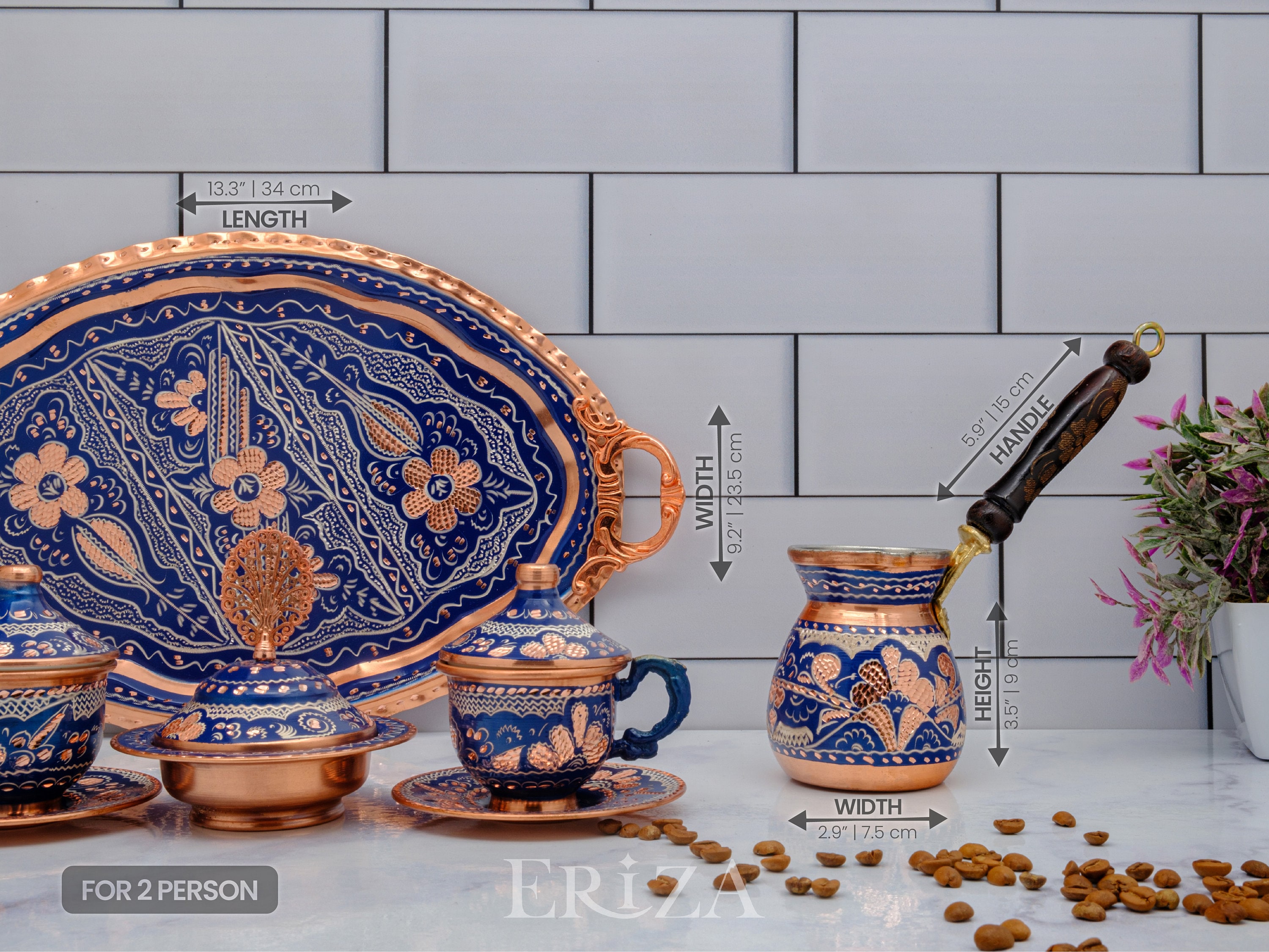 Hand Hammered Copper Turkish Coffee Set 2 Cups Serving Dish | INDIA